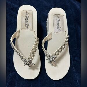 La Boutique Bride 3” White Women’s 7 Lace Rhinestone Pearl Starfish Wedge Sandal